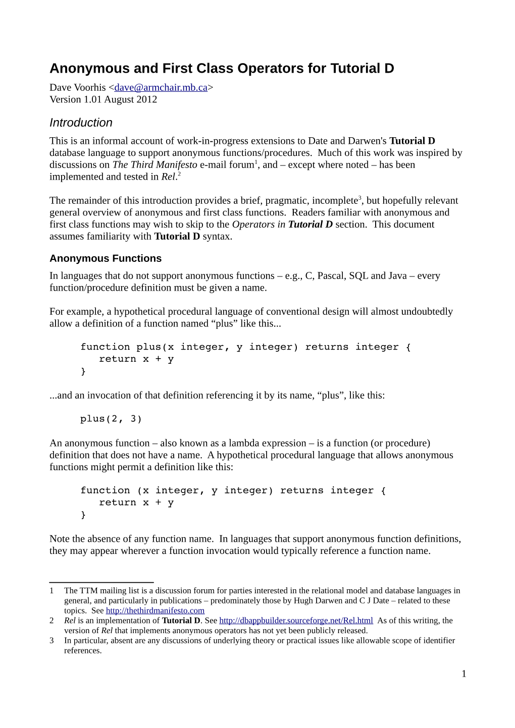 Anonymous and First Class Operators for Tutorial D