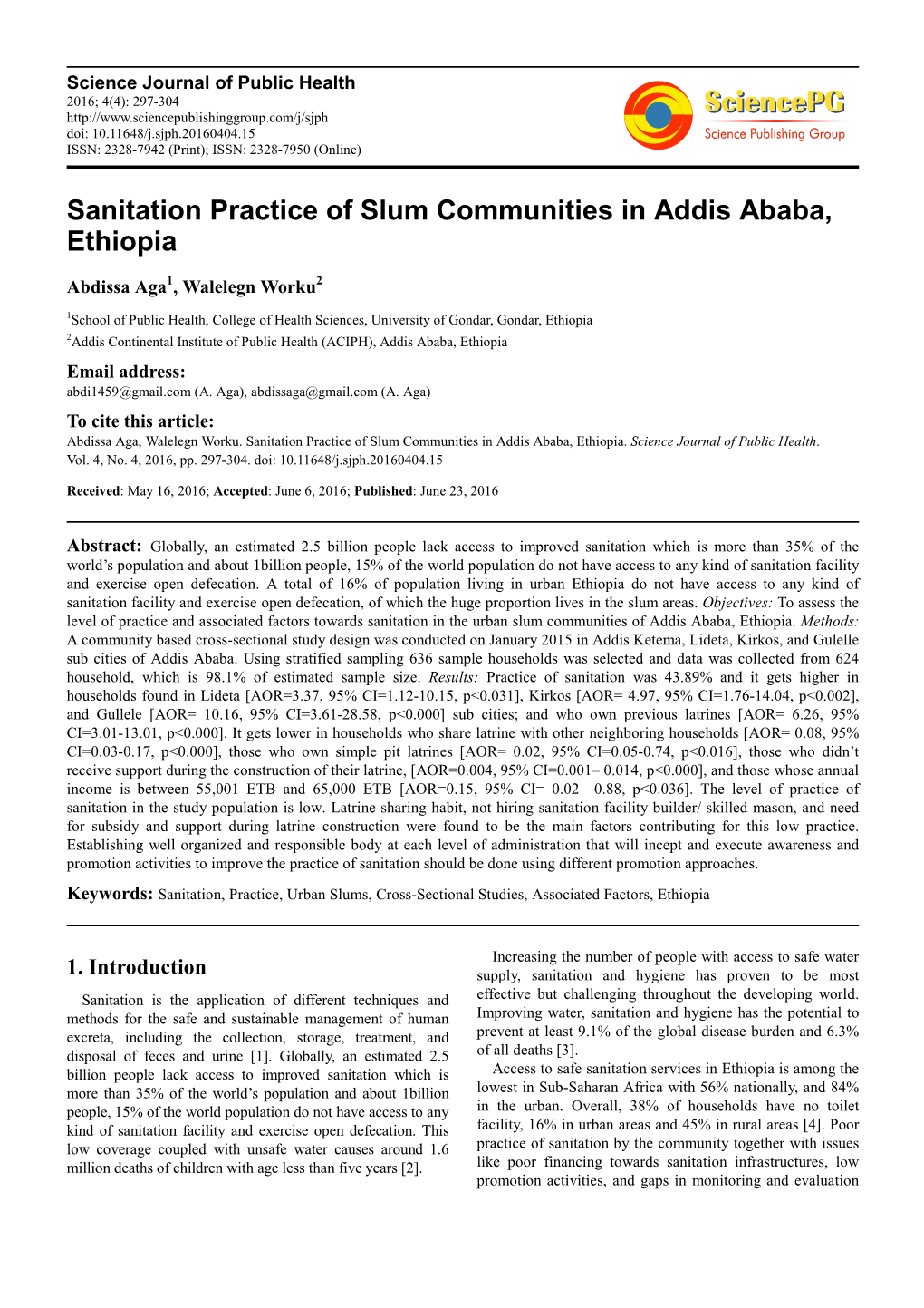 Sanitation Practice of Slum Communities in Addis Ababa, Ethiopia