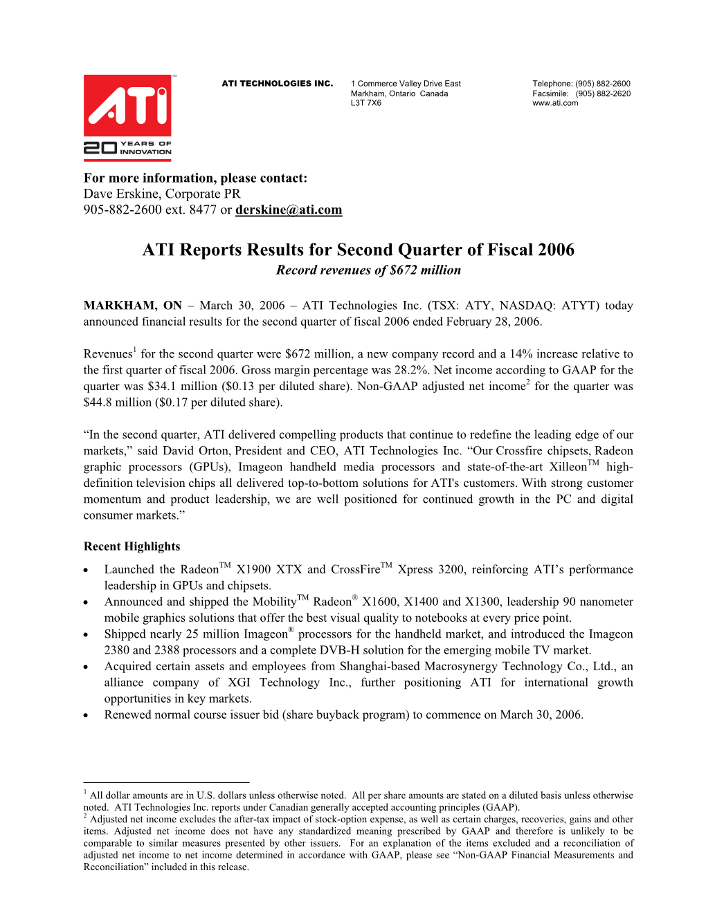 ATI Reports Results for Second Quarter of Fiscal 2006 Record Revenues of $672 Million