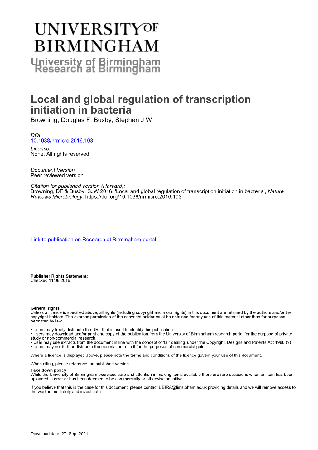 Local and Global Regulation of Transcription Initiation in Bacteria Browning, Douglas F; Busby, Stephen J W