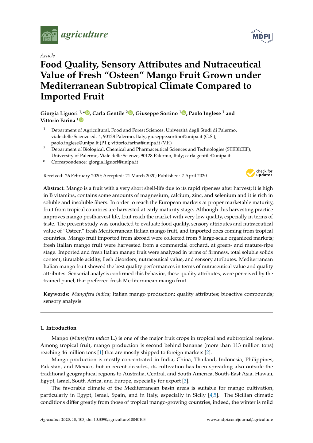 “Osteen” Mango Fruit Grown Under Mediterranean Subtropical Climate Compared to Imported Fruit