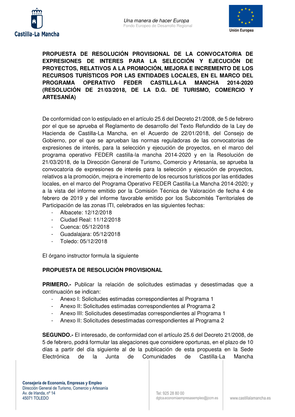 Propuesta De Resolución Provisional De La Convocatoria De Expresiones De Interes Para La Selección Y Ejecución De Proyectos