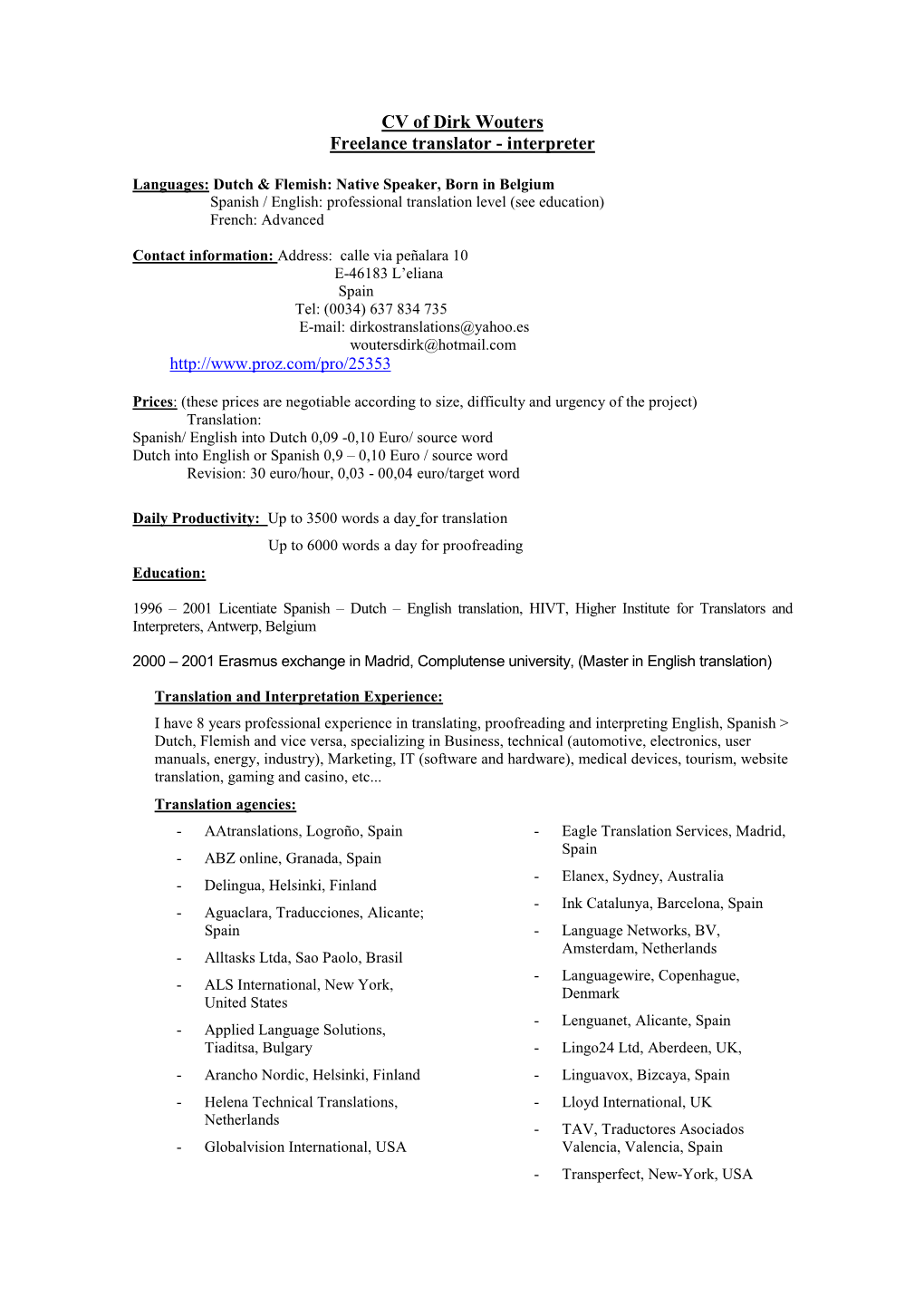 CV of Dirk Wouters Freelance Translator - Interpreter