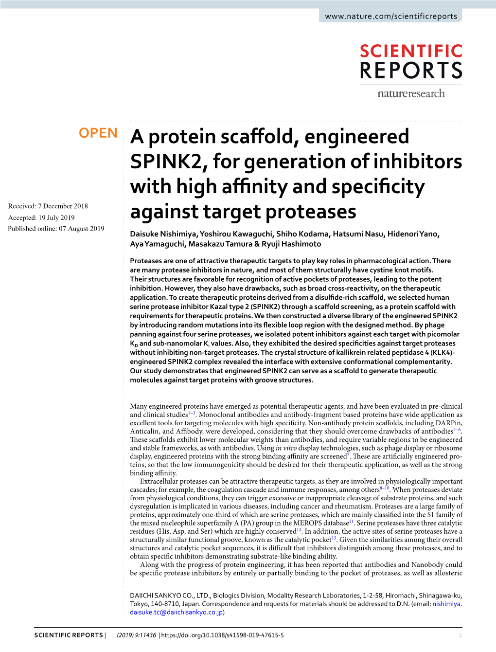 A Protein Scaffold, Engineered SPINK2, for Generation of Inhibitors With