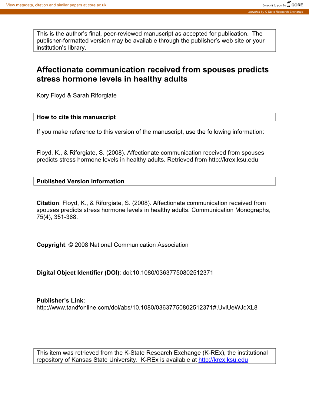 Affectionate Communication Received from Spouses Predicts Stress Hormone Levels in Healthy Adults