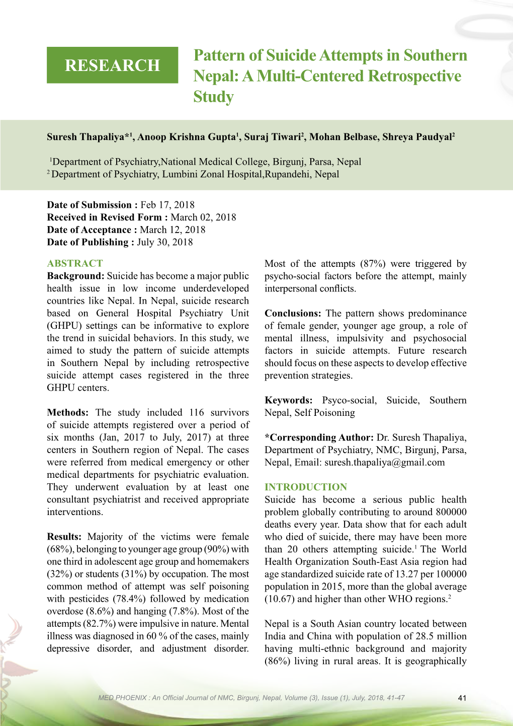 Pattern of Suicide Attempts in Southern Nepal: a Multi-Centered