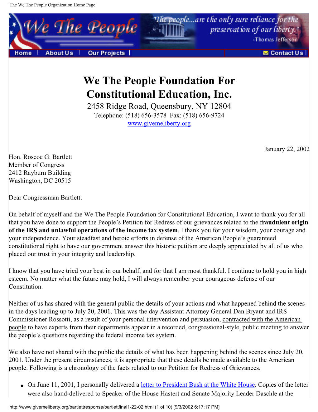 We the People Response to Rep. Bartlett