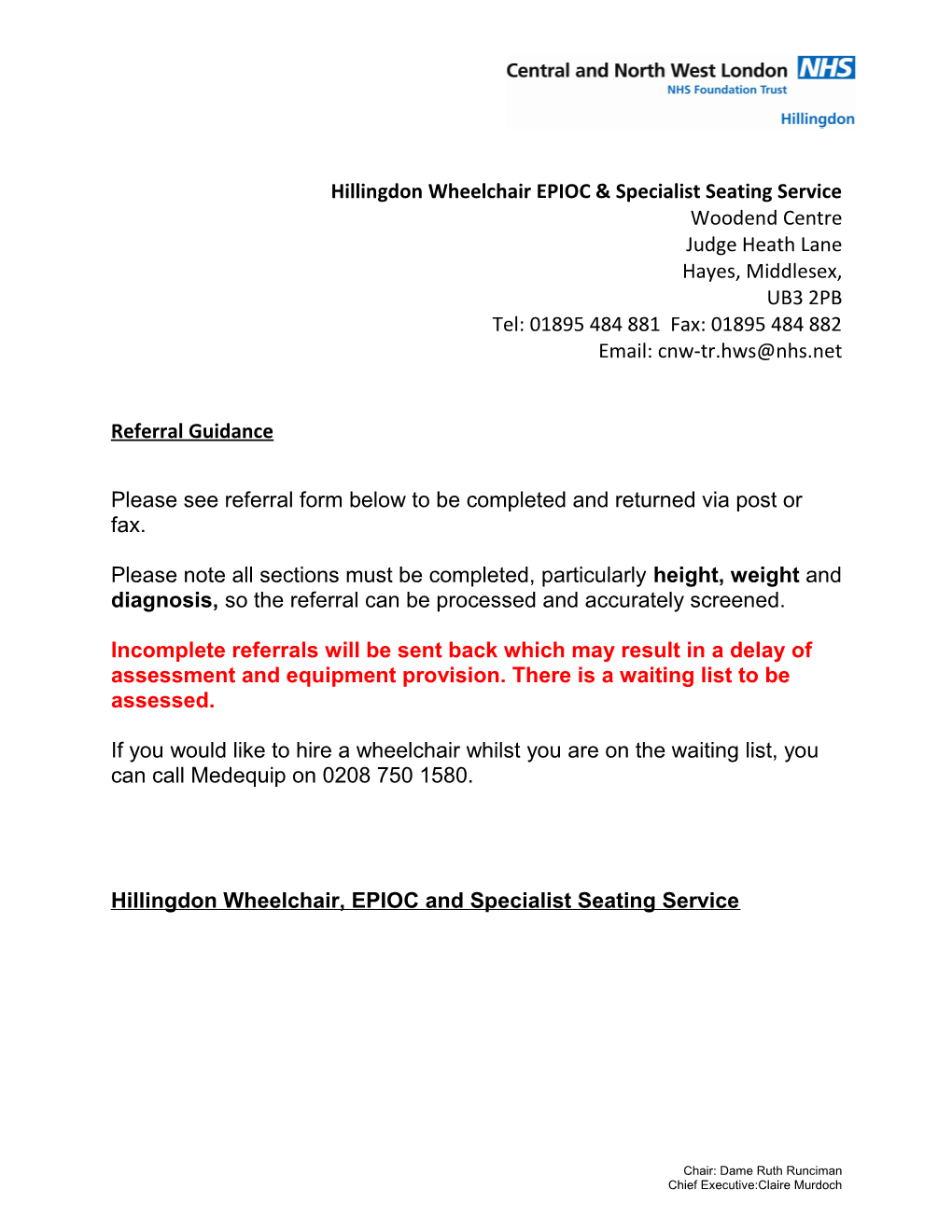Hillingdon Wheelchair EPIOC & Specialist Seating Service