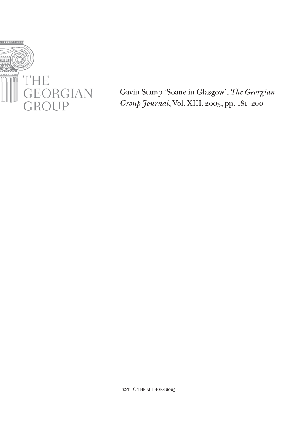 Gavin Stamp 'Soane in Glasgow', the Georgian Group Journal, Vol. Xiii
