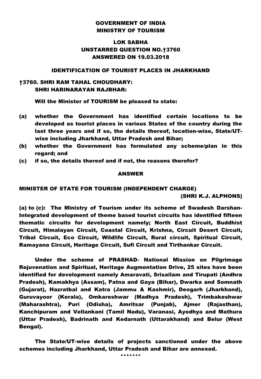 Government of India Ministry of Tourism Lok Sabha