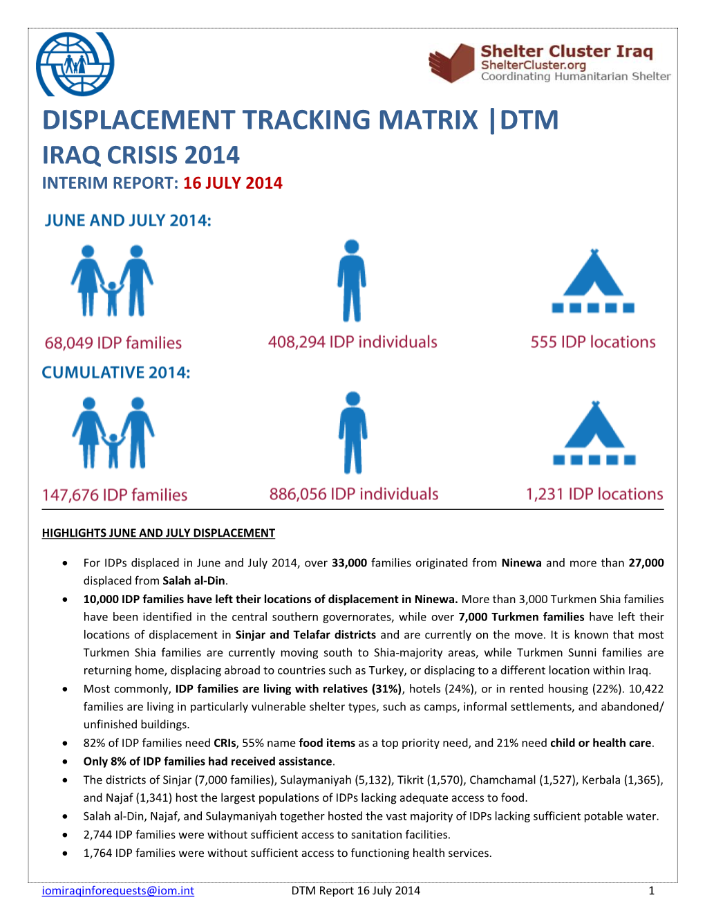 Displacement Tracking Matrix |Dtm Iraq Crisis 2014 Interim Report: 16 July 2014