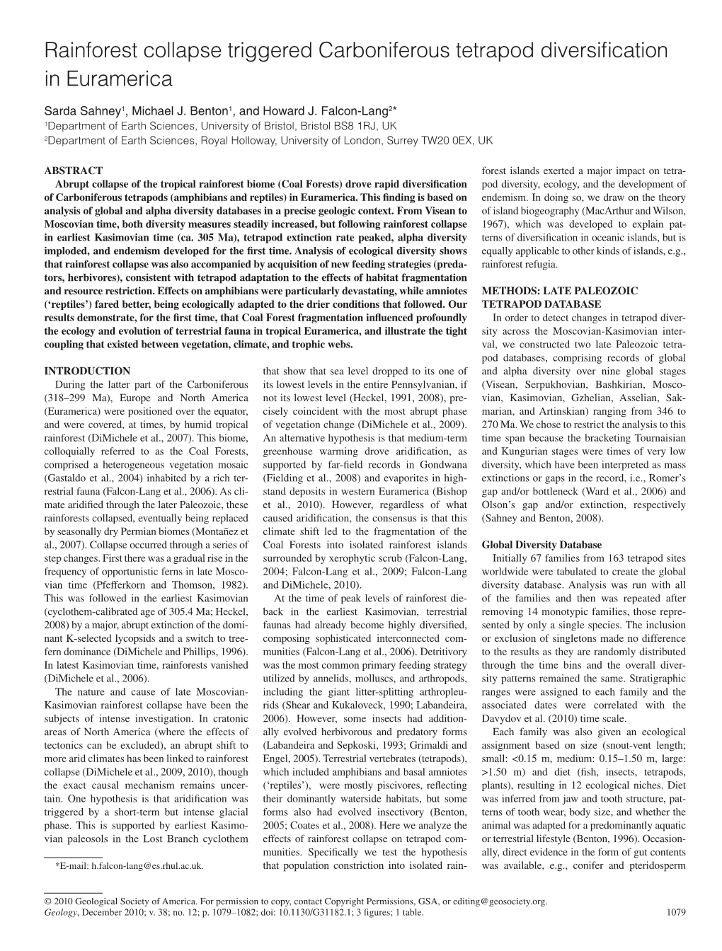 Rainforest Collapse Triggered Carboniferous Tetrapod Diversiﬁ Cation in Euramerica