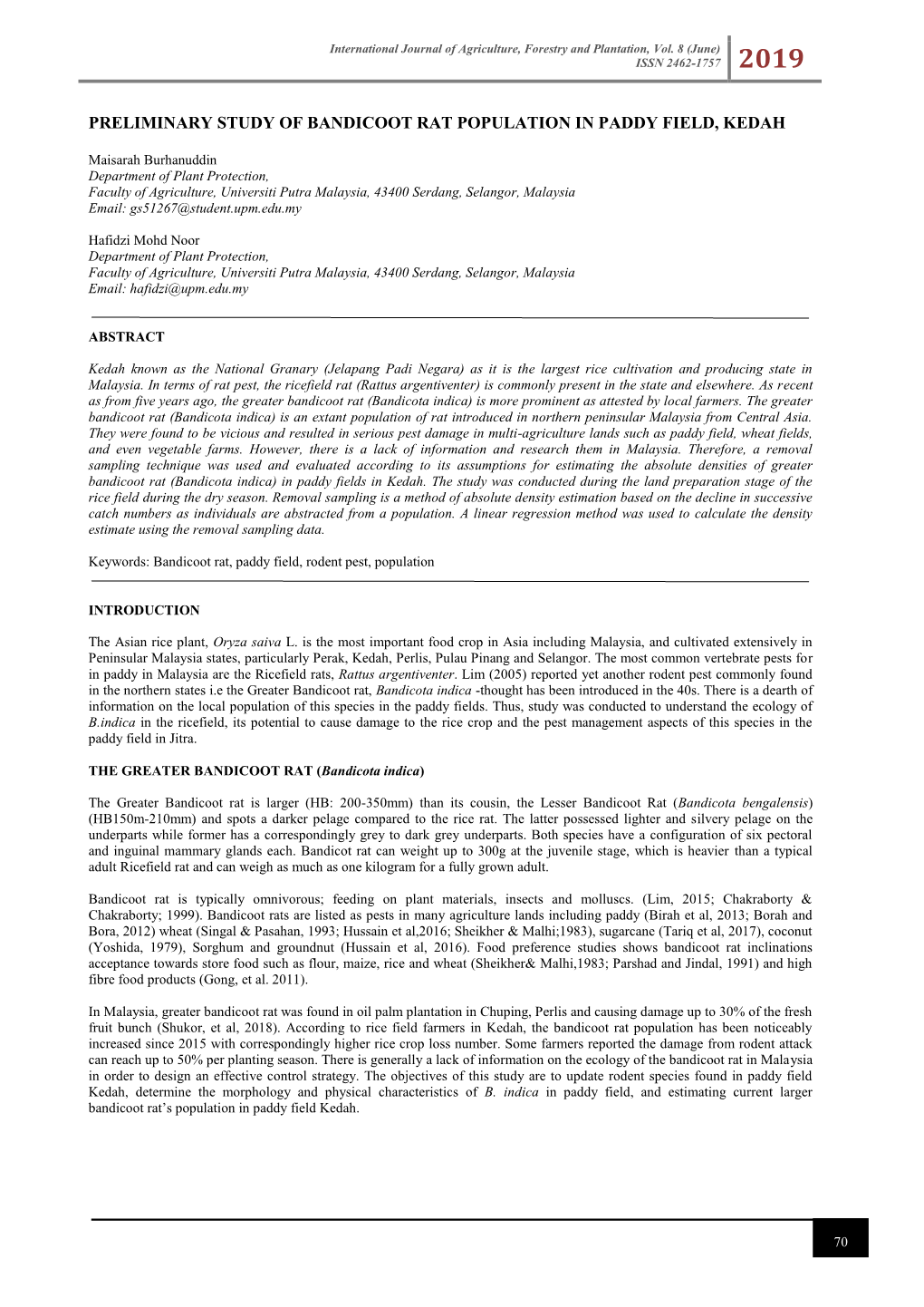 Preliminary Study of Bandicoot Rat Population in Paddy Field, Kedah