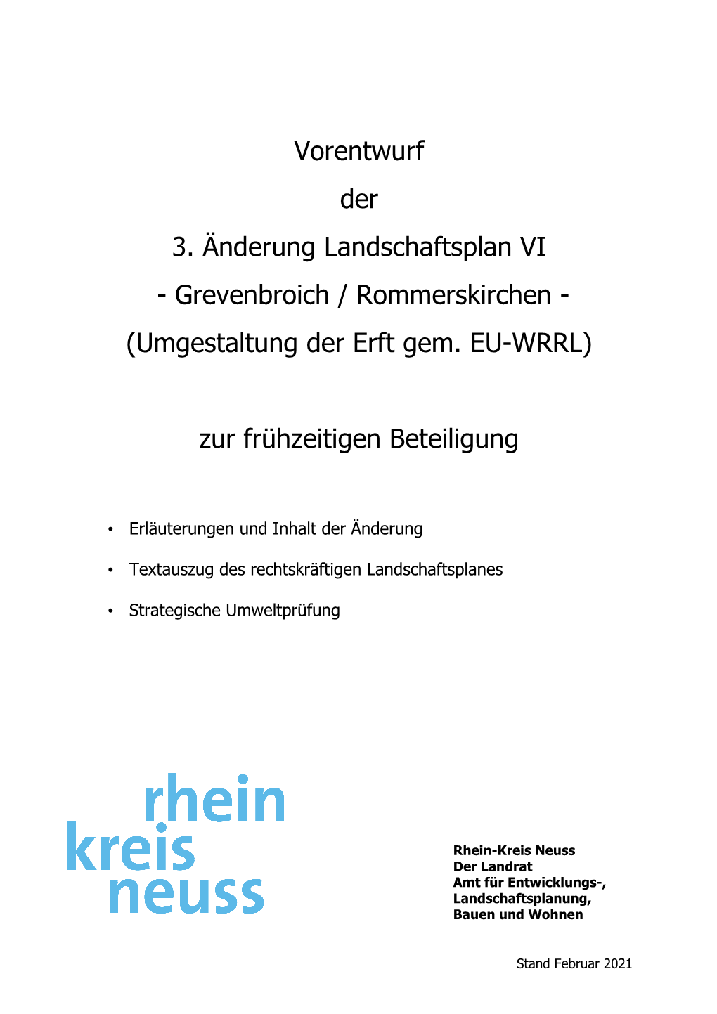 Vorentwurf Der 3. Änderung Landschaftsplan VI - Grevenbroich / Rommerskirchen - (Umgestaltung Der Erft Gem