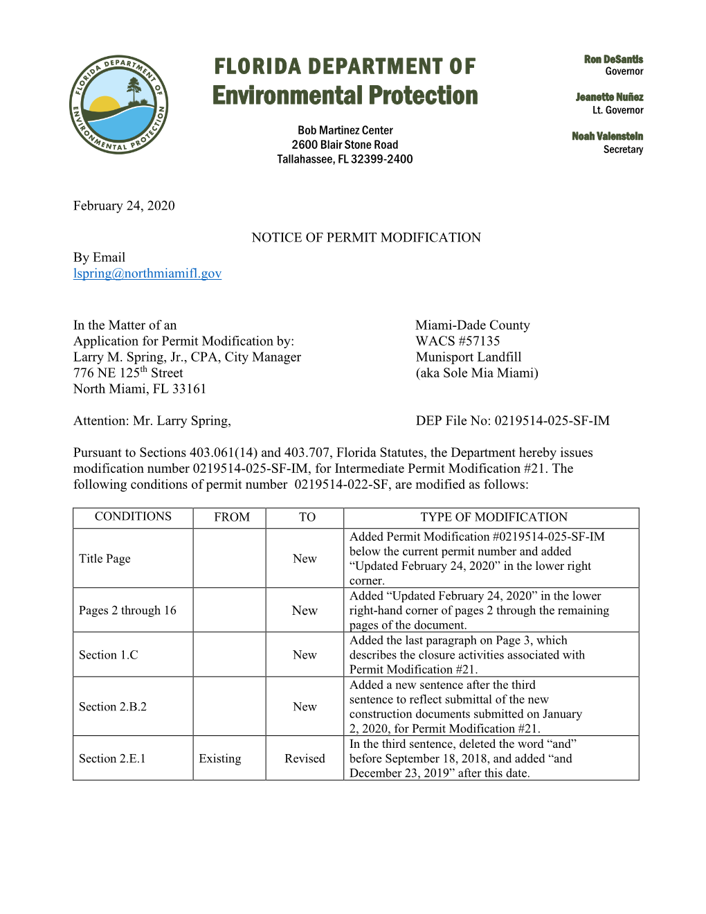 Florida Department of Environmental Protection on December 9, 2019
