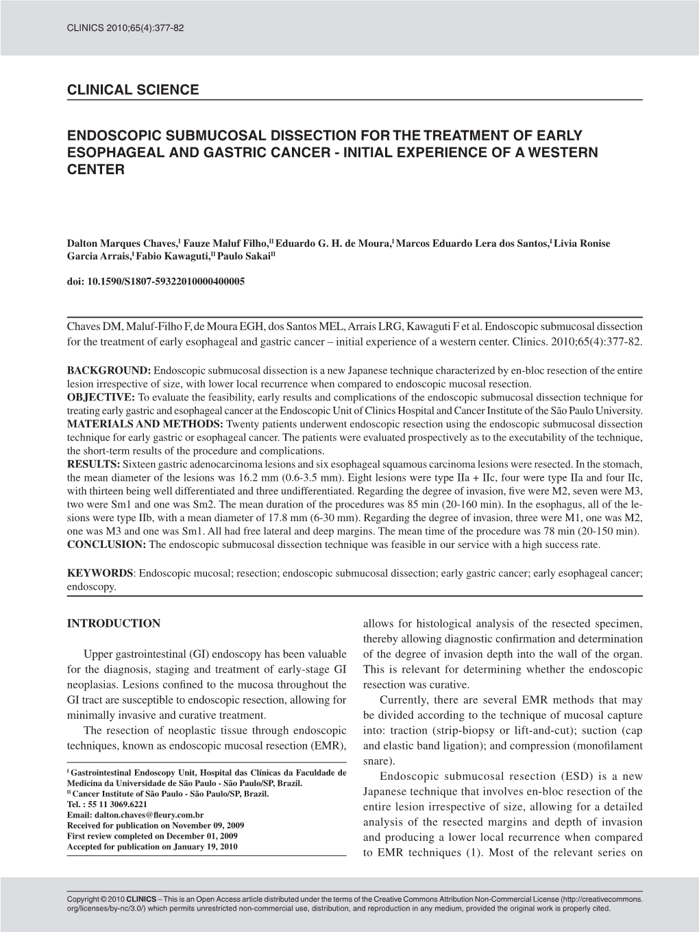 Clinical Science Endoscopic Submucosal Dissection for the Treatment of Early Esophageal and Gastric Cancer