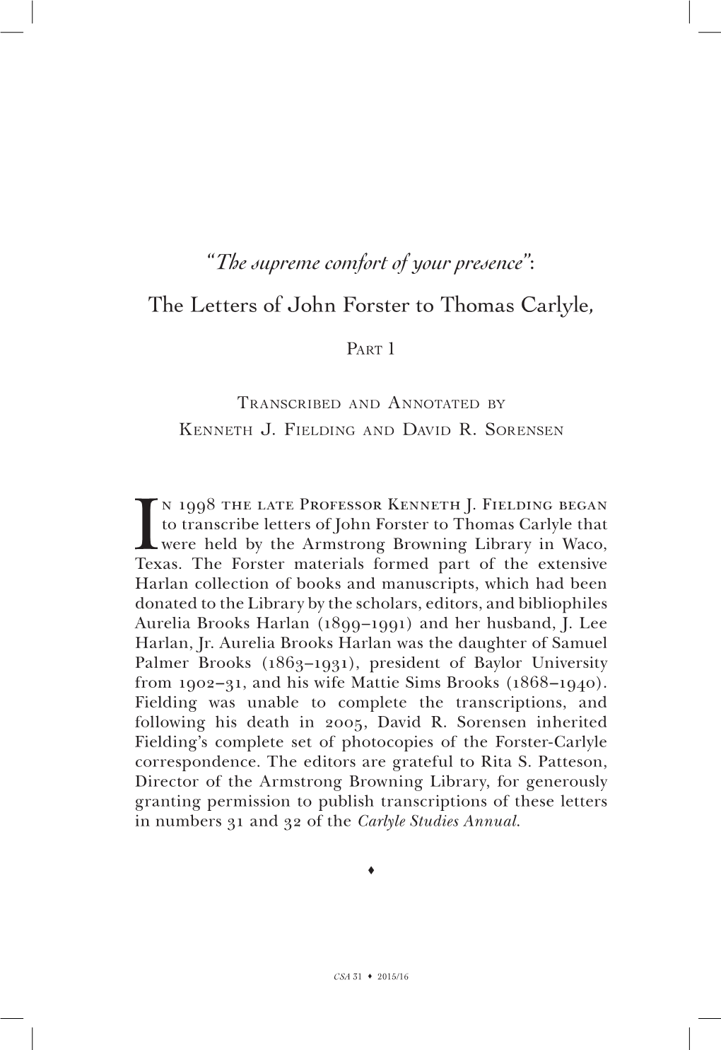 The Letters of John Forster to Thomas Carlyle