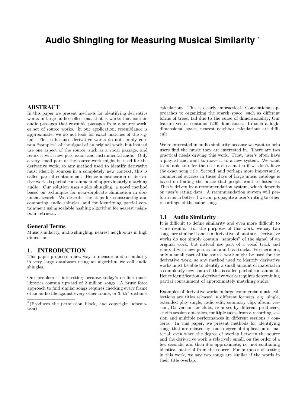 Audio Shingling for Measuring Musical Similarity ∗