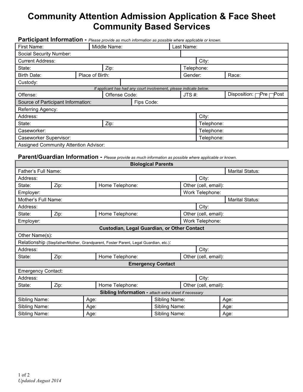 Community Attention Admission Application & Face Sheet