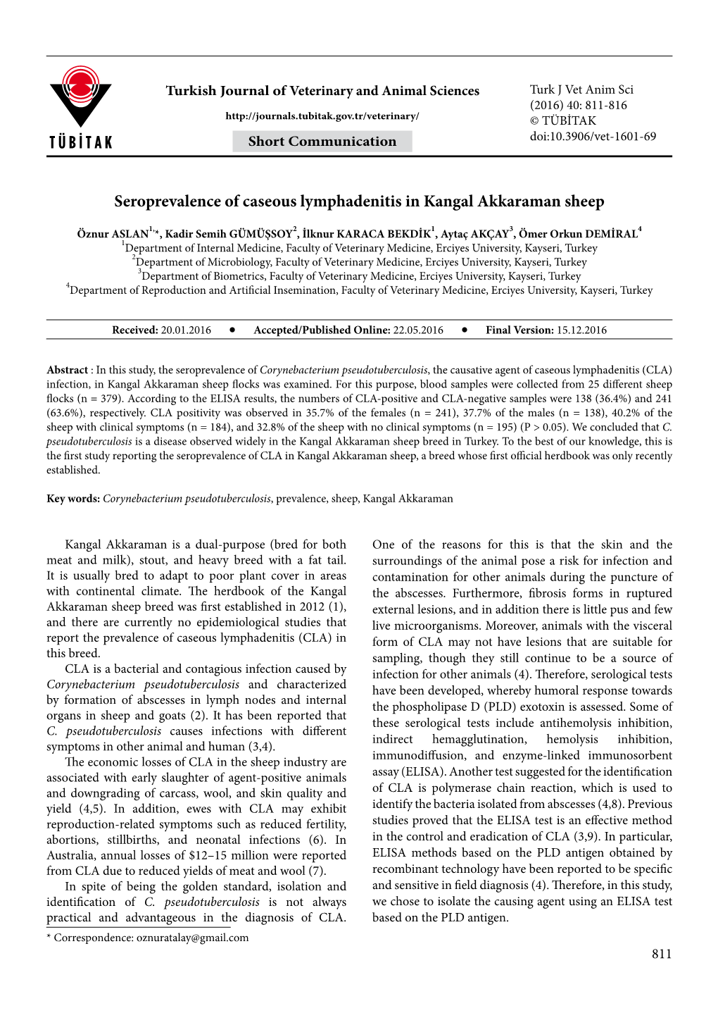 Seroprevalence of Caseous Lymphadenitis in Kangal Akkaraman Sheep