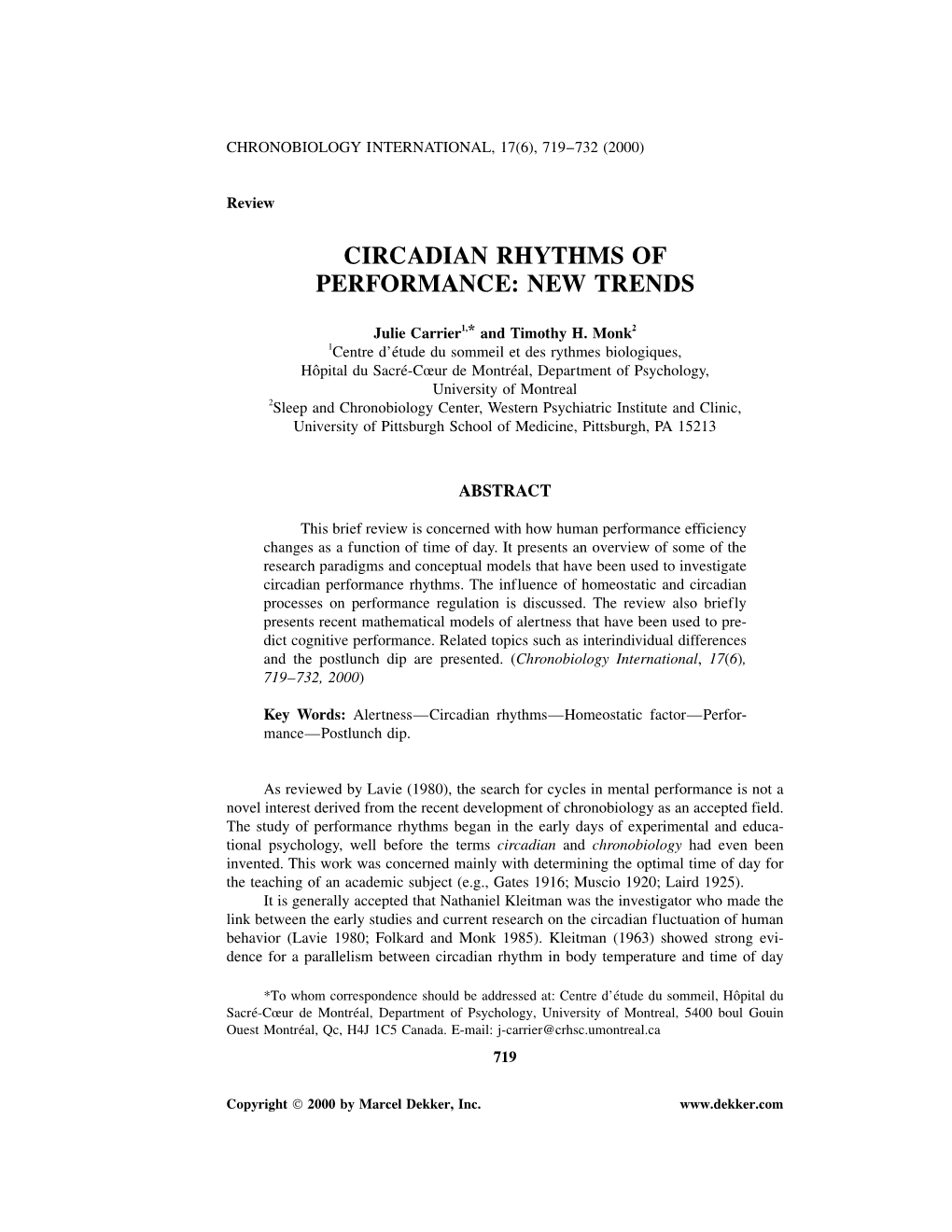 Circadian Rhythms of Performance: New Trends