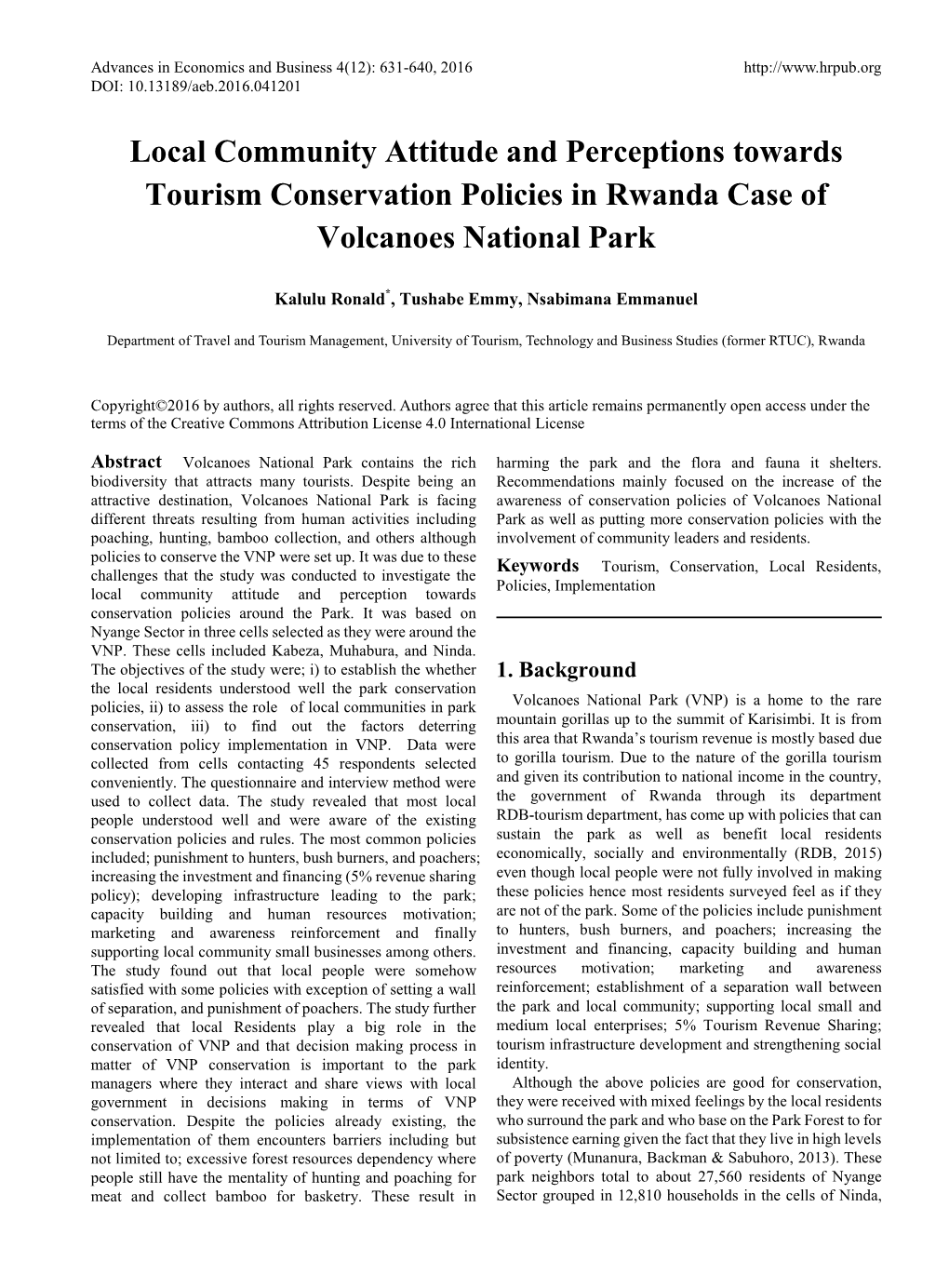 Local Community Attitude and Perceptions Towards Tourism Conservation Policies in Rwanda Case of Volcanoes National Park