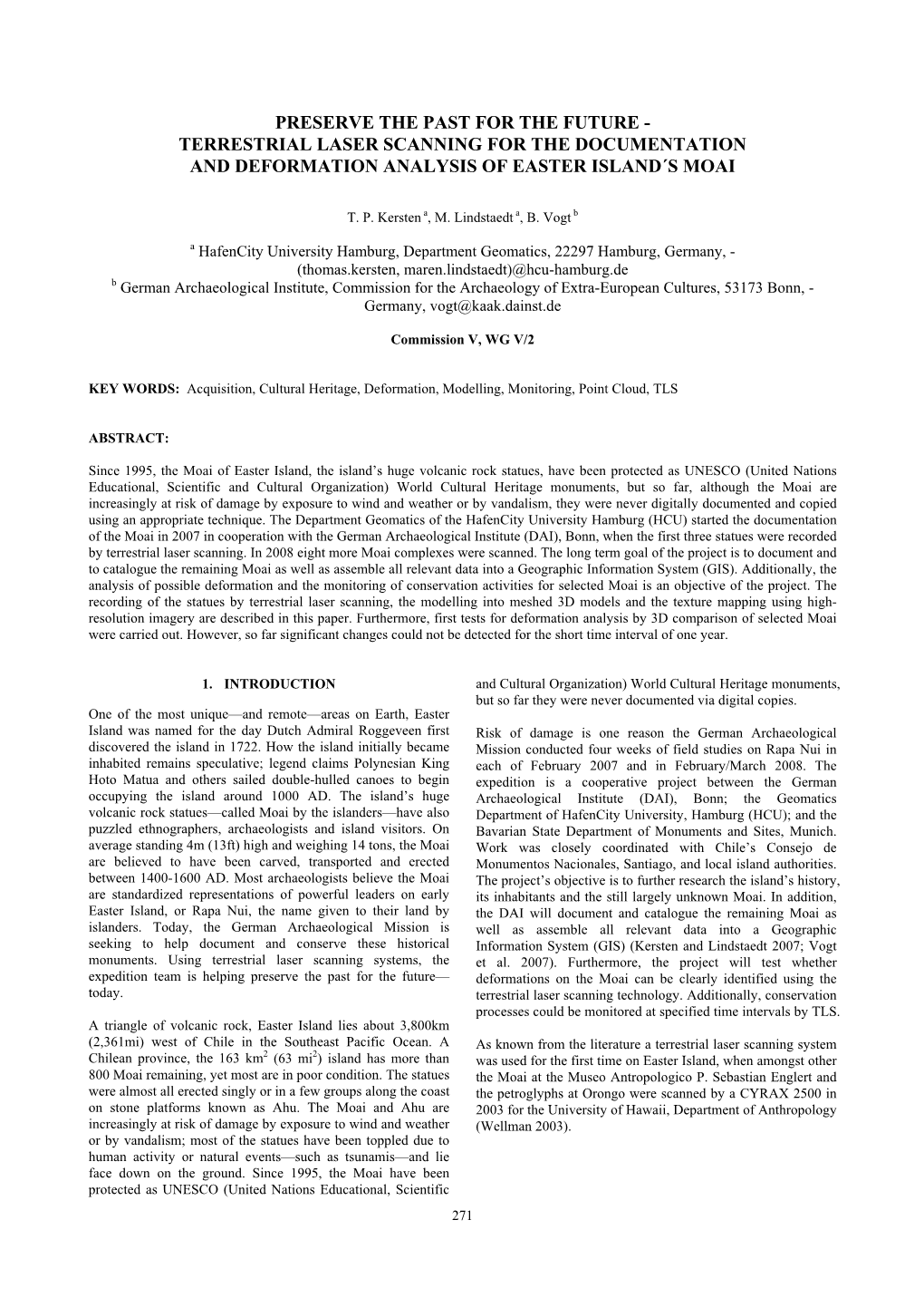 Terrestrial Laser Scanning for the Documentation and Deformation Analysis of Easter Island´S Moai