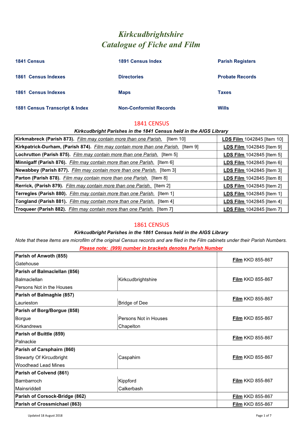 Catalogue of Kirkcudbrightshire, Scotland Fiche and Film.Xlsx