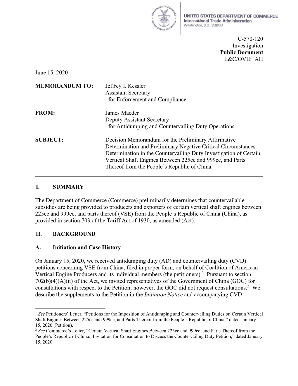 Vertical Shaft Engines CVD Preliminary Decision Memorandum