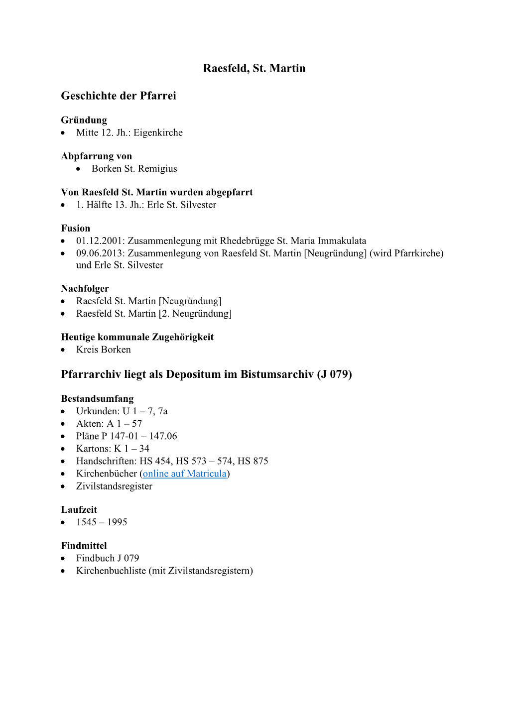 Findbuch Des Pfarrarchivs Raesfeld St. Martin