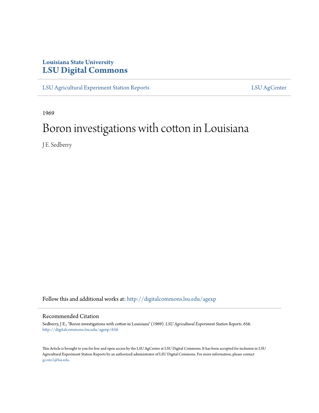 Boron Investigations with Cotton in Louisiana J E