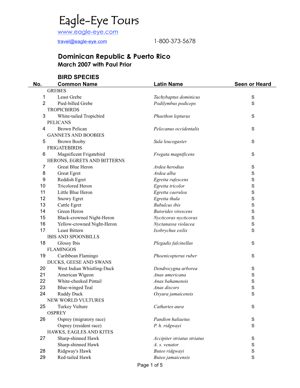 2007 DR/PR Species List