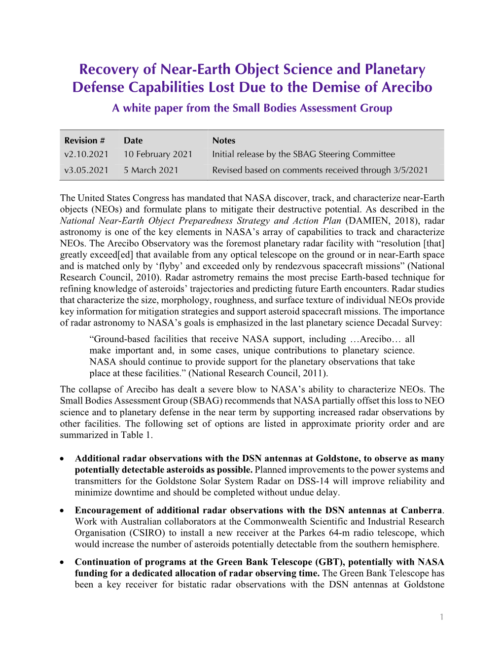 Recovery of Near-Earth Object Science and Planetary Defense Capabilities Lost Due to the Demise of Arecibo a White Paper from the Small Bodies Assessment Group