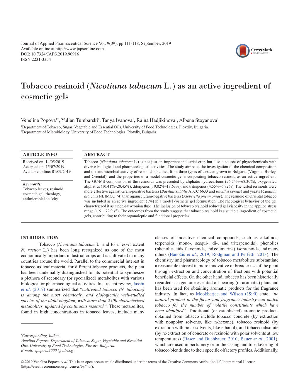 Tobacco Resinoid (Nicotiana Tabacum L.) As an Active Ingredient of Cosmetic Gels