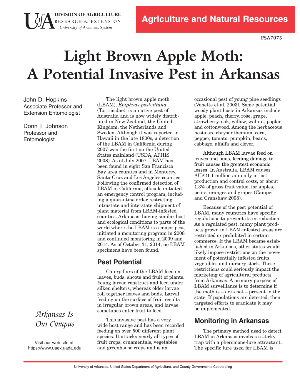 Light Brown Apple Moth: a Potential Invasive Pest in Arkansas