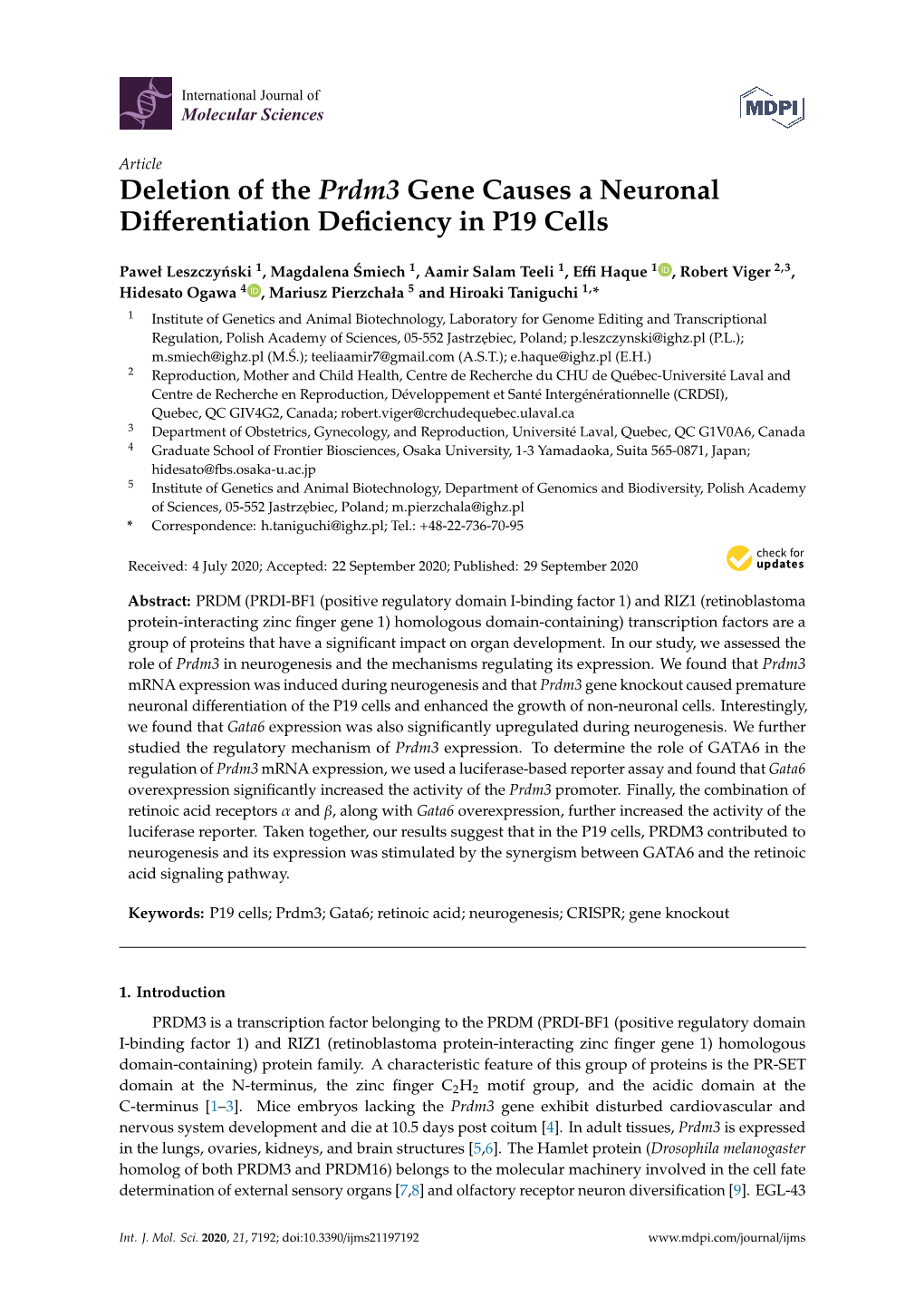 Deletion of the Prdm3 Gene Causes a Neuronal Differentiation Deficiency
