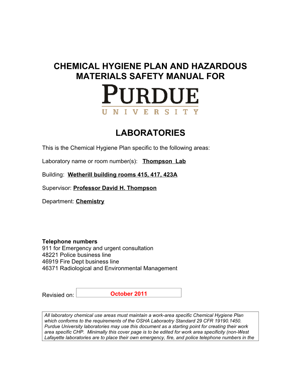 This Is the Chemical Hygiene Plan Specific to the Following Areas s4