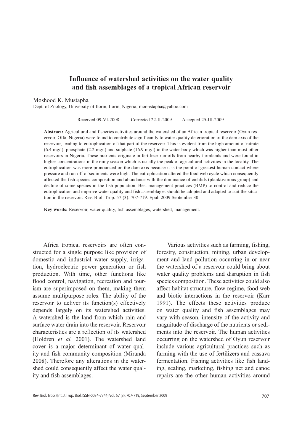 Influence of Watershed Activities on the Water Quality and Fish Assemblages of a Tropical African Reservoir