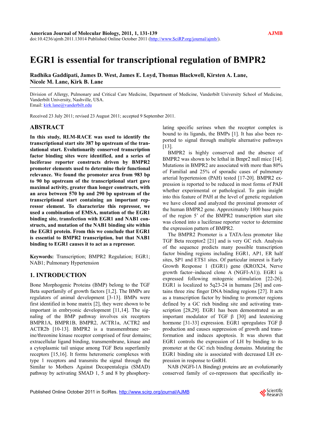 EGR1 Is Essential for Transcriptional Regulation of BMPR2