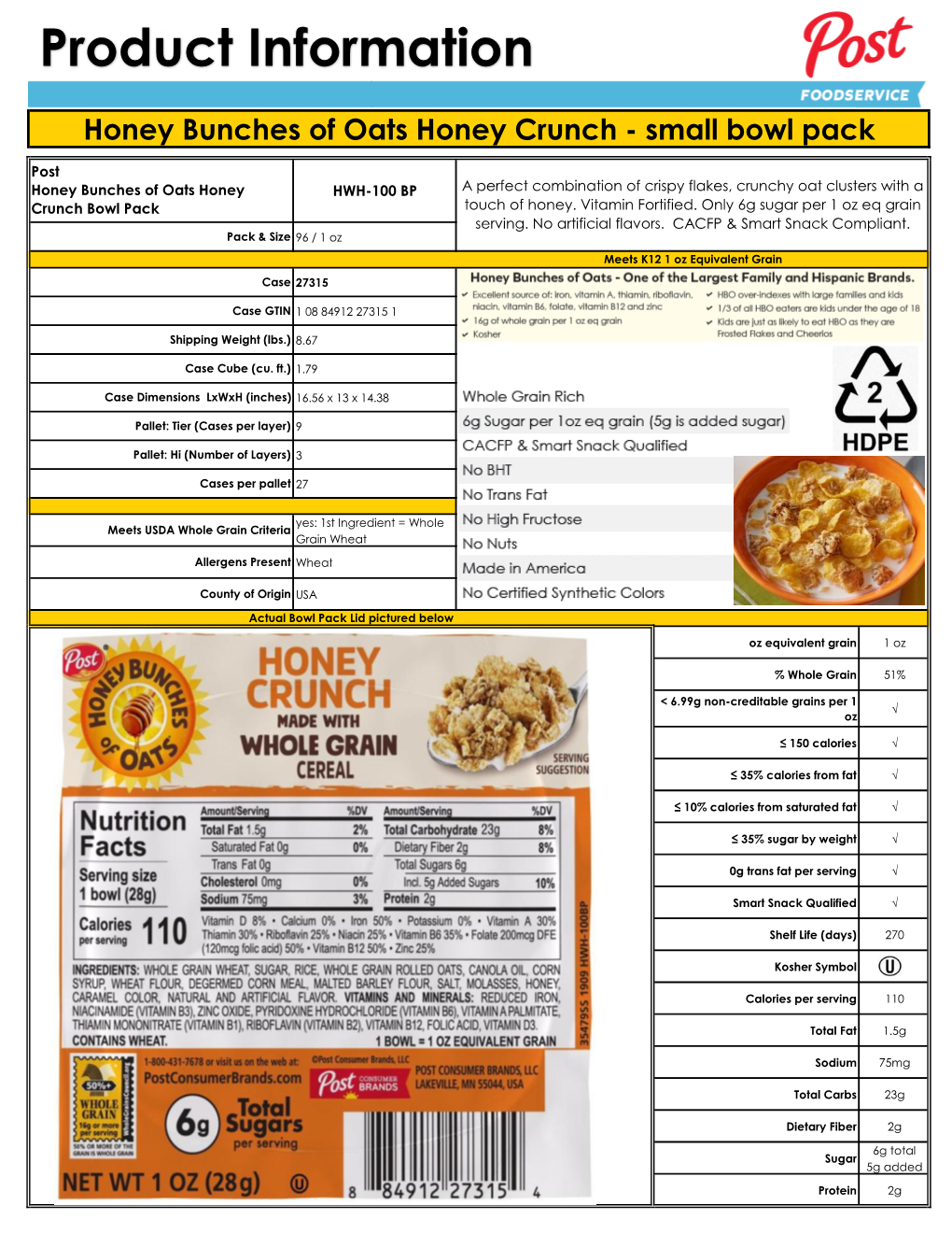 Honey Bunches of Oats Honey Crunch - Small Bowl Pack