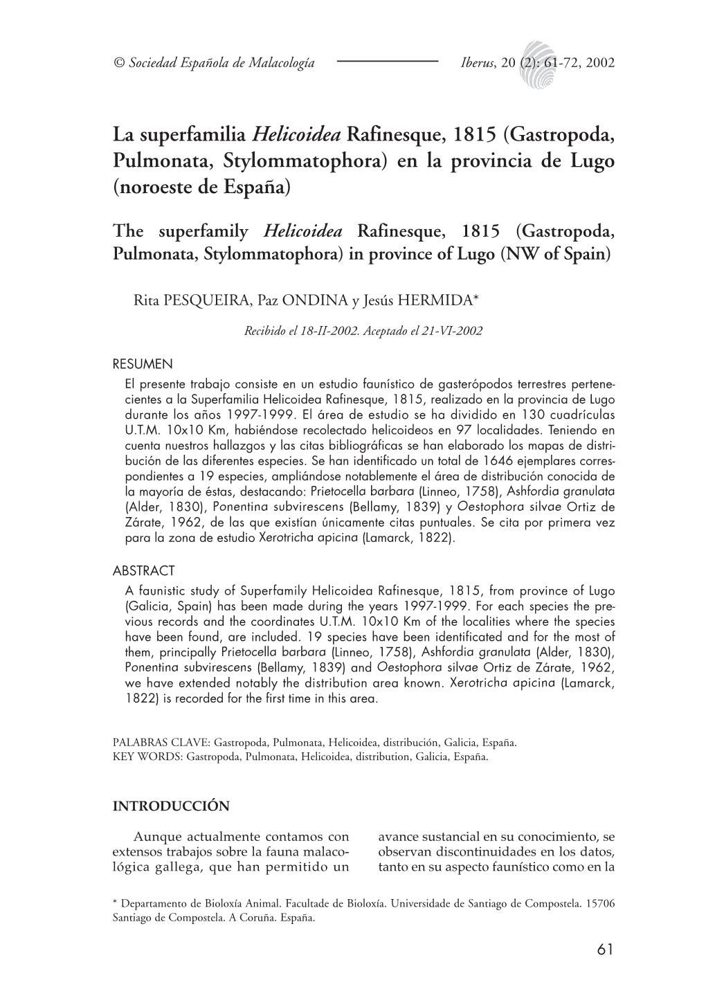 La Superfamilia Helicoidea Rafinesque, 1815 (Gastropoda, Pulmonata, Stylommatophora) En La Provincia De Lugo (Noroeste De España)