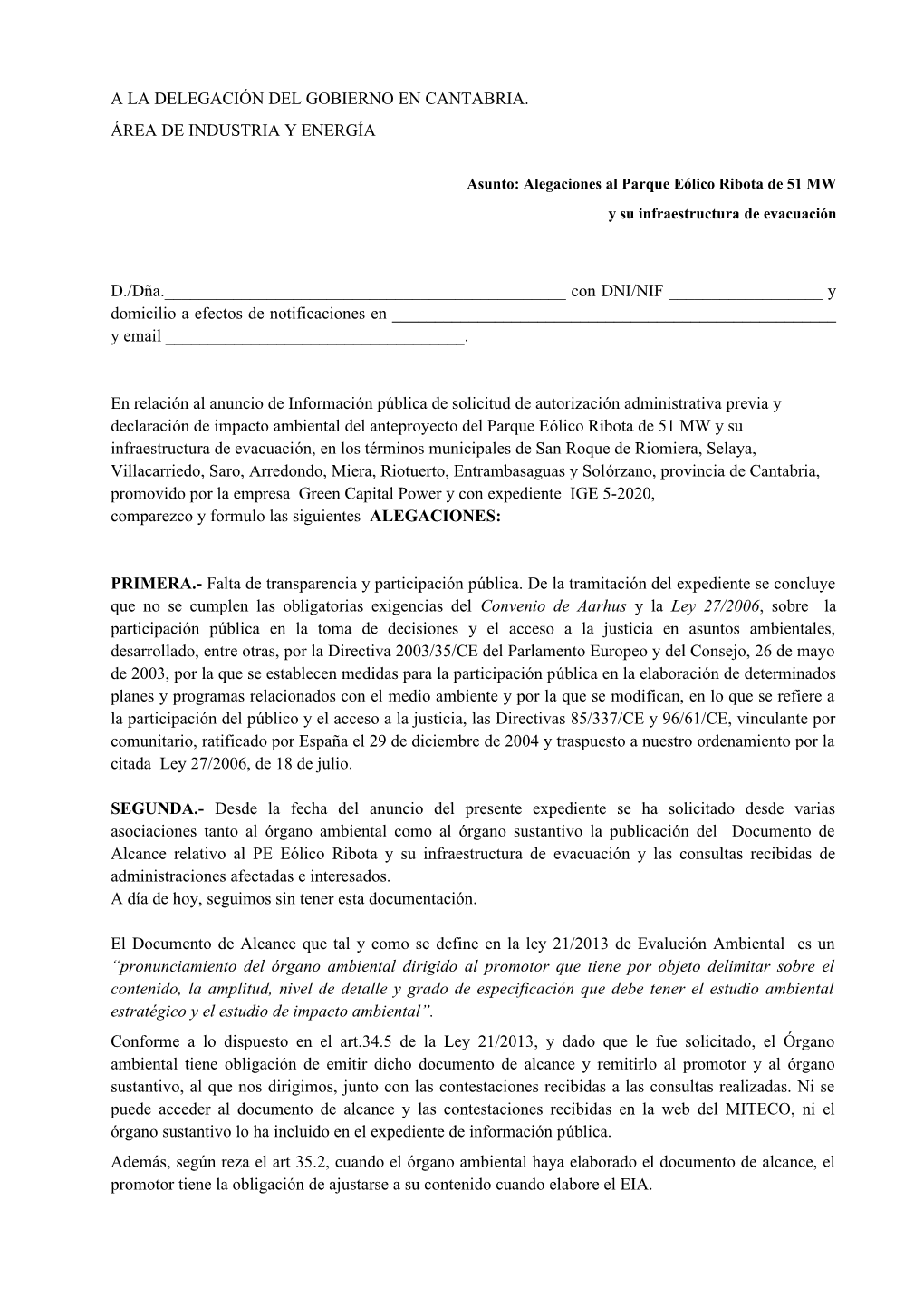 A La Delegación Del Gobierno En Cantabria. Área De Industria Y Energía