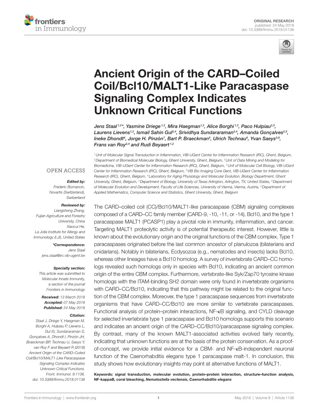 Ancient Origin of the CARD–Coiled Coil/Bcl10/MALT1-Like Paracaspase Signaling Complex Indicates Unknown Critical Functions