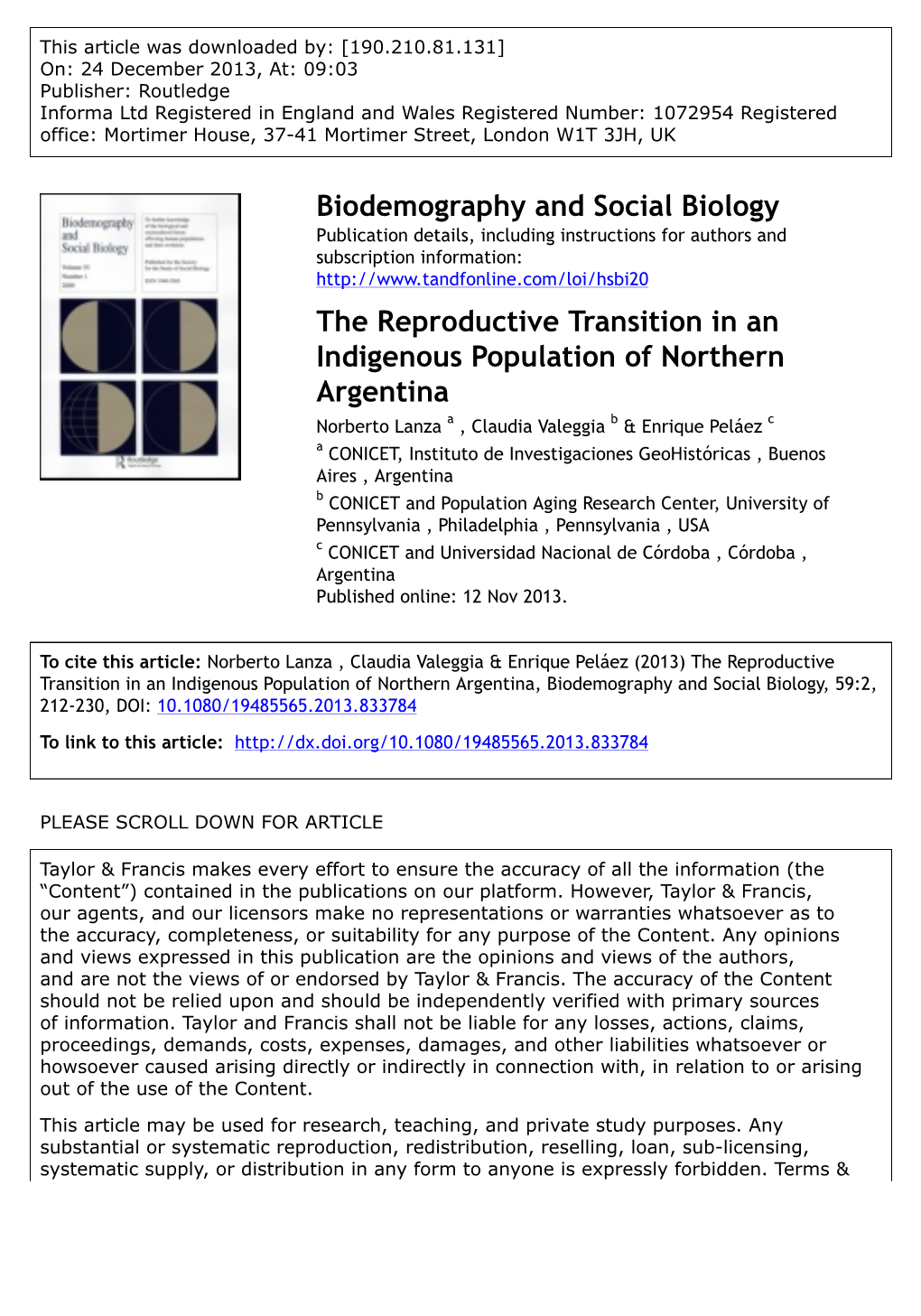 Biodemography and Social Biology the Reproductive Transition in An