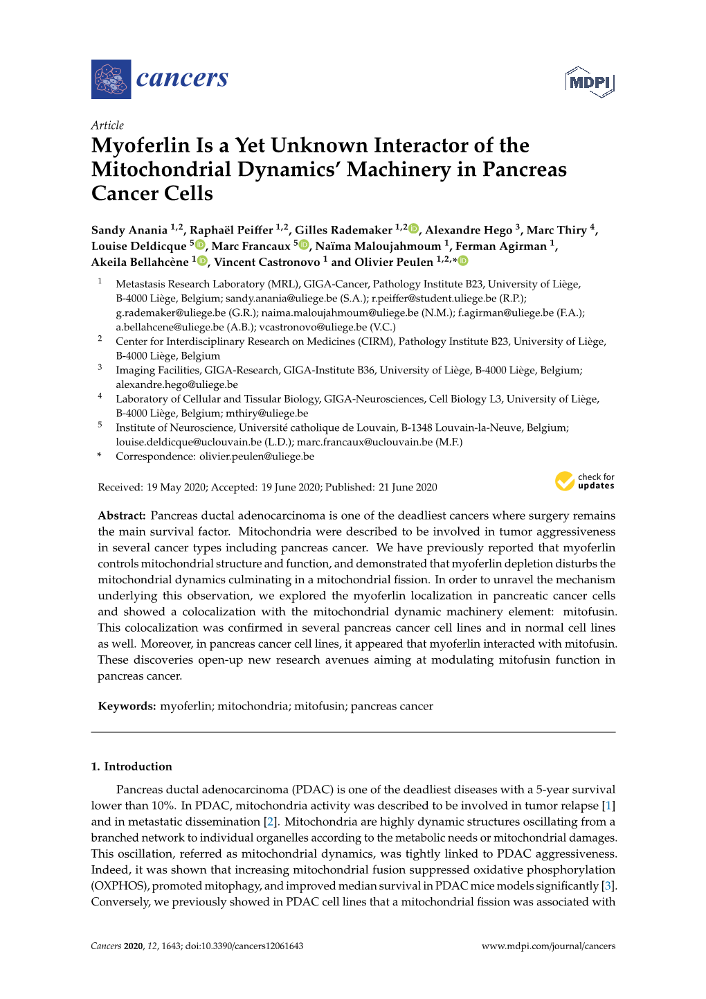 Myoferlin Is a Yet Unknown Interactor of the Mitochondrial Dynamics’ Machinery in Pancreas Cancer Cells