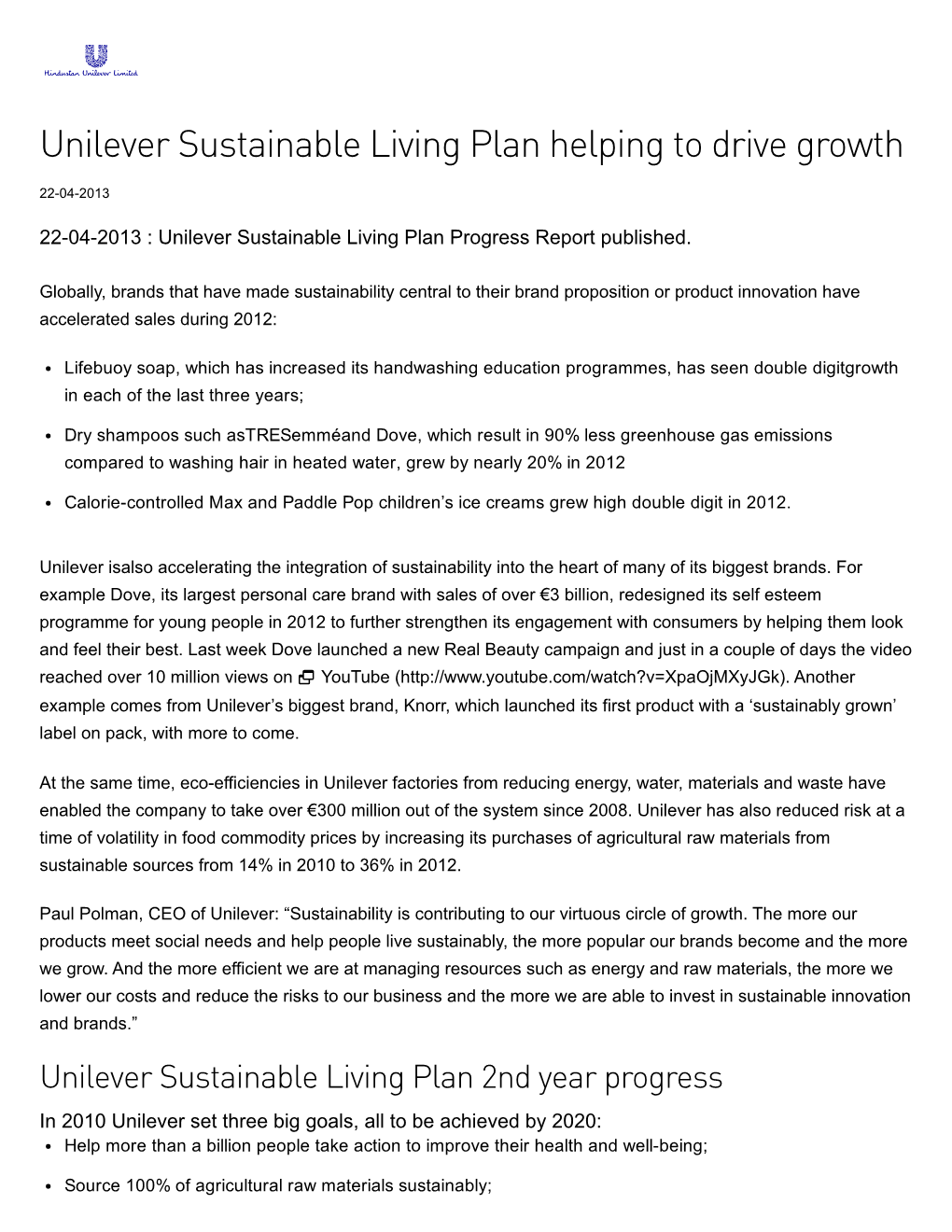 Unilever Sustainable Living Plan Helping to Drive Growth 22­04­2013