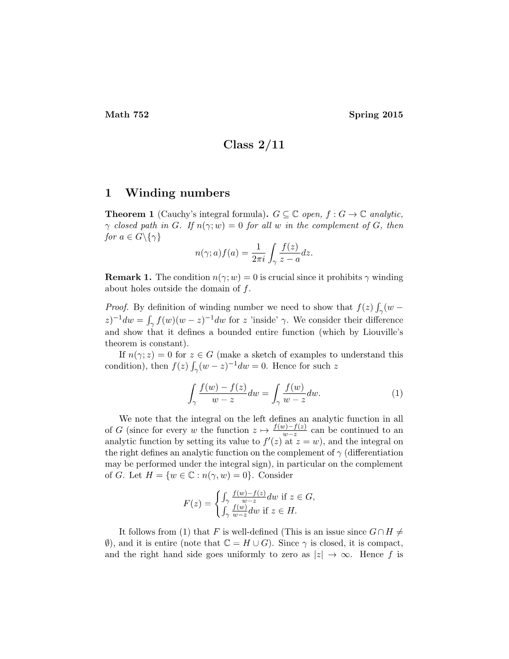 Class 2/11 1 Winding Numbers