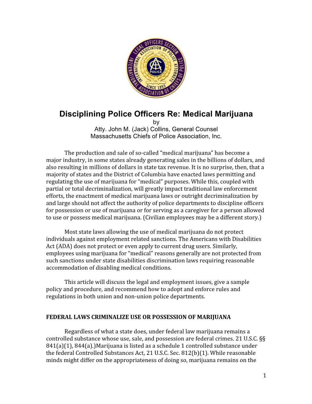 Disciplining Police Officers Re: Medical Marijuana by Atty