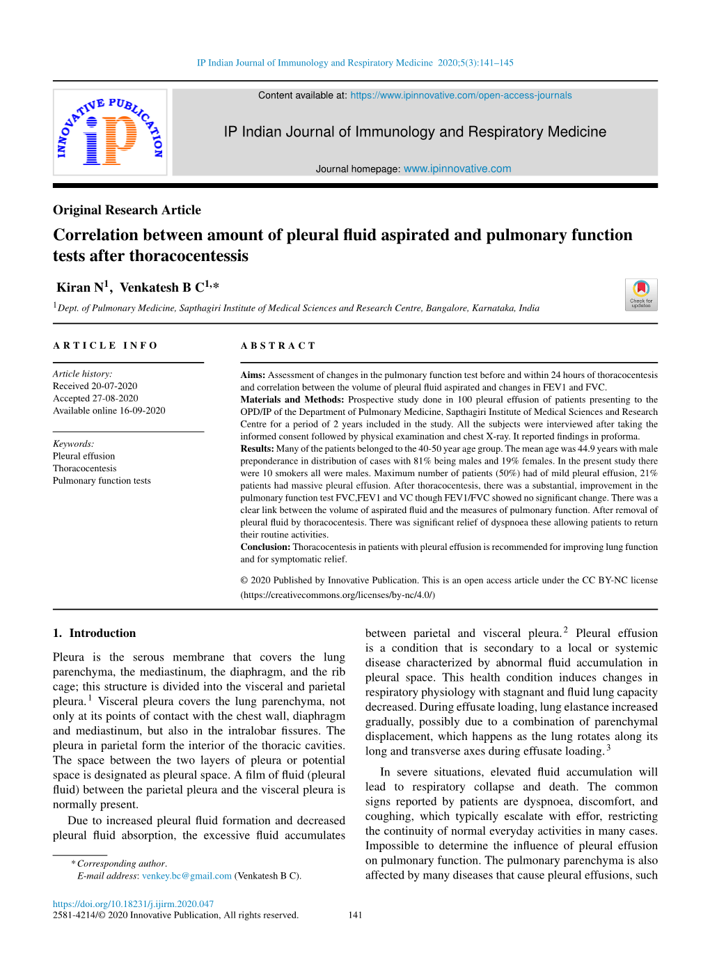 Correlation Between Amount of Pleural Fluid Aspirated and Pulmonary