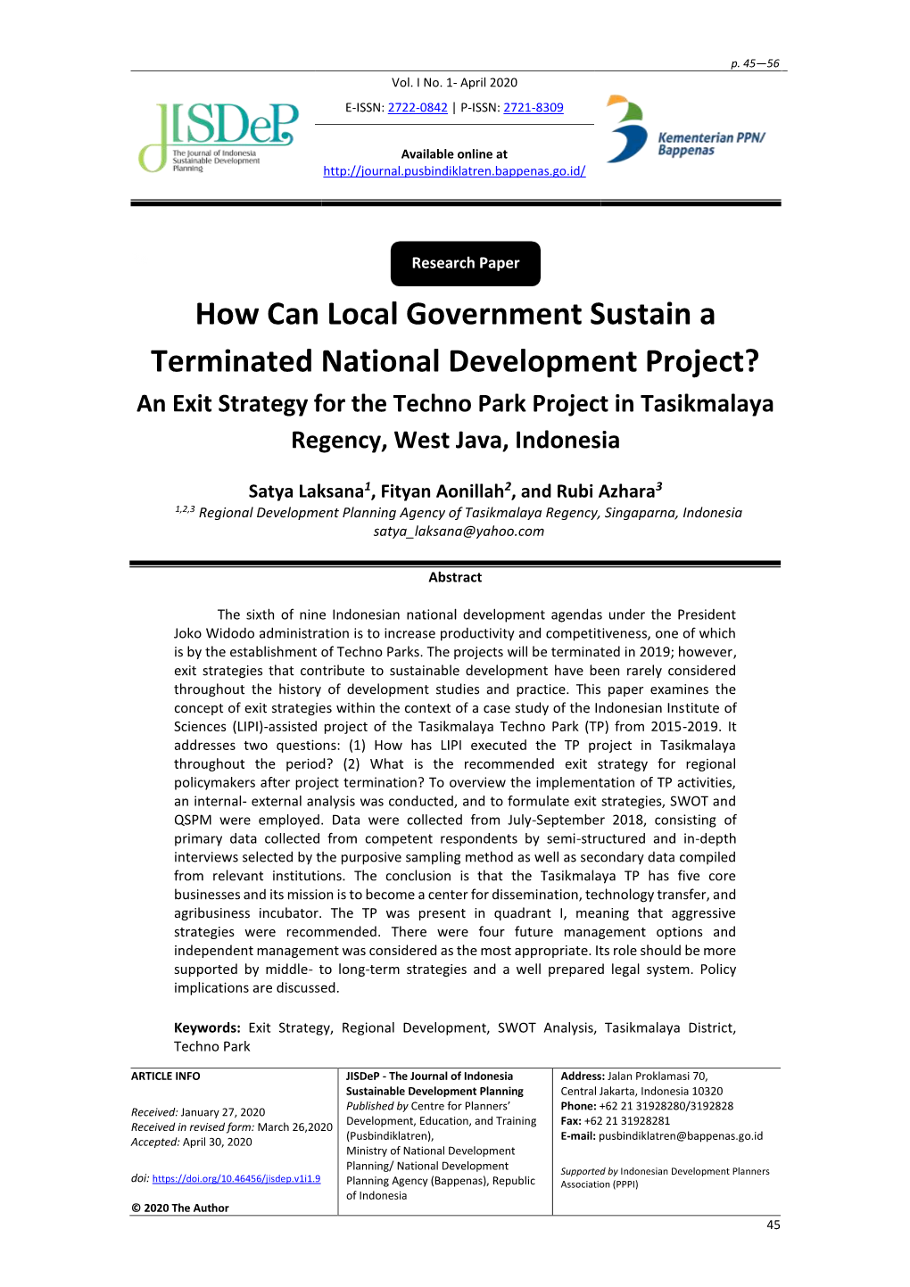 How Can Local Government Sustain a Terminated National Development Project? an Exit Strategy for the Techno Park Project in Tasikmalaya Regency, West Java, Indonesia